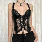 BXOXO Punk Sexy Bandage PU Vest Clubwear See Through Lace Patchwork Leather Crop Top Women Summer Skinny Corset Top Gothic Tees